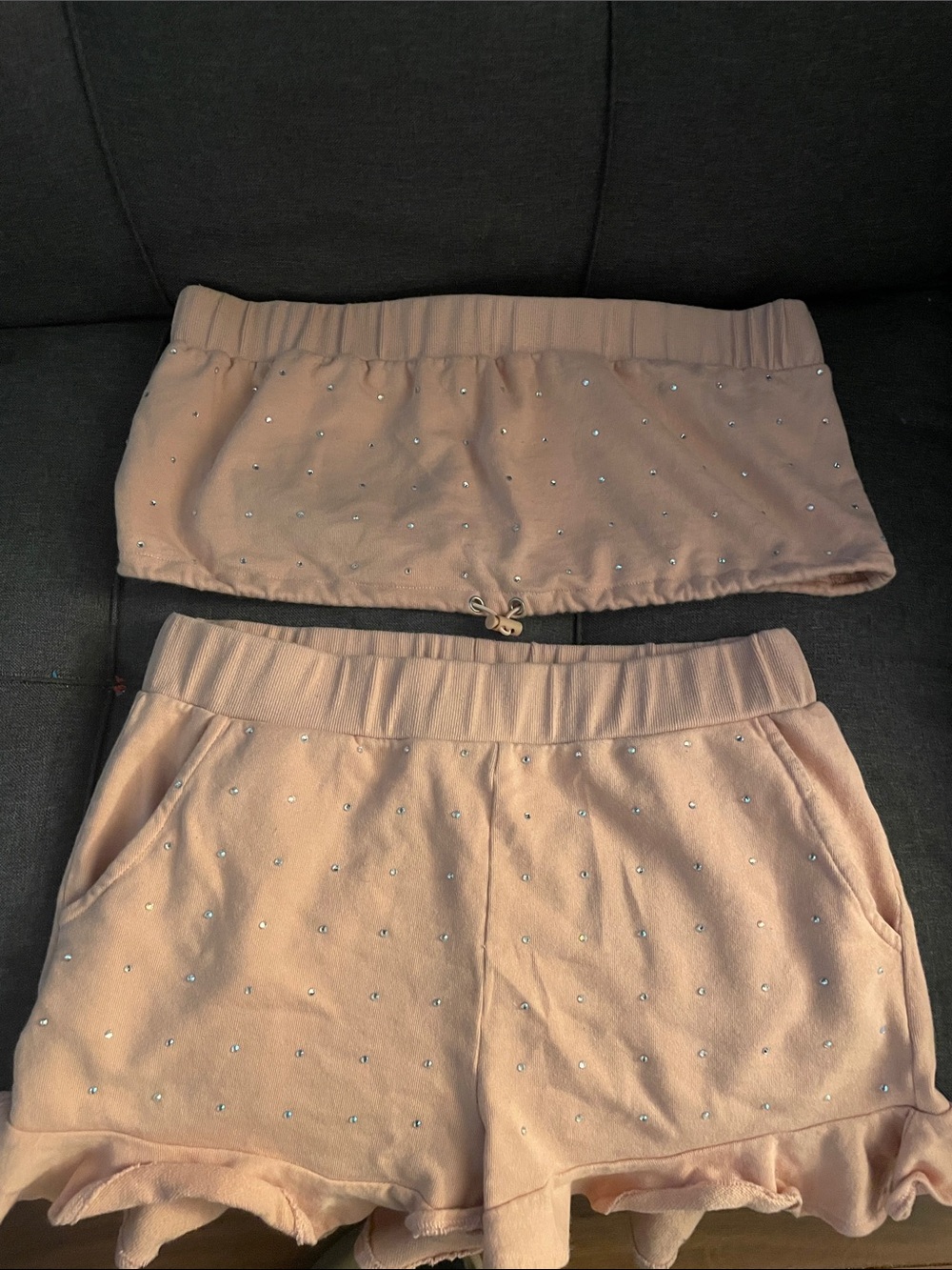 High Waist Pink Rhinestone Ruffle Shorts - Picture 2 of 3